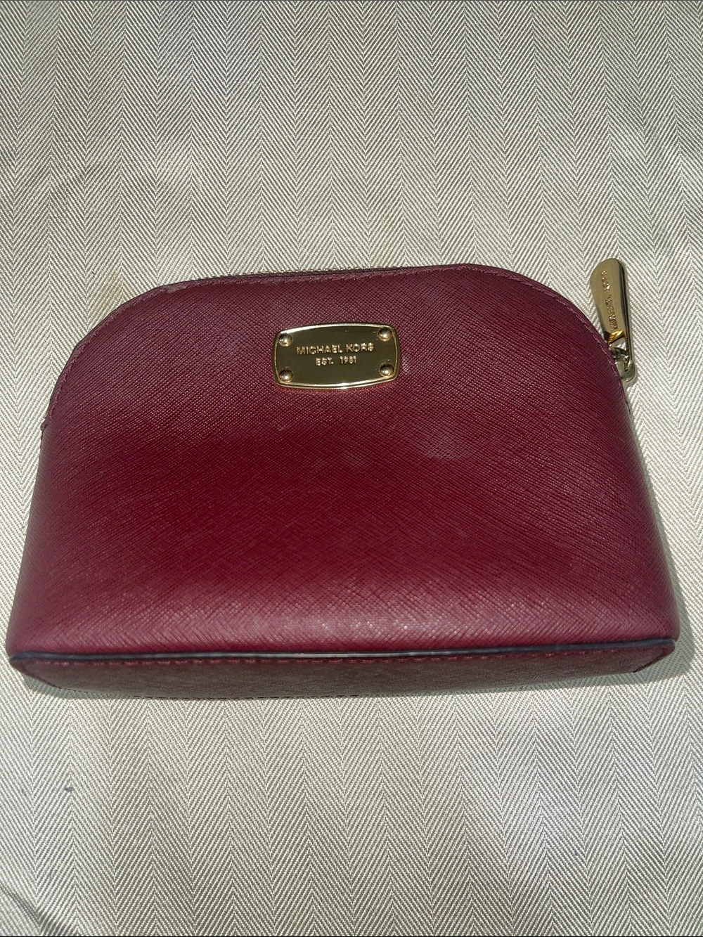 Michael Kors Burgundy Saffiano Zip Cosmetic Pouch with Gold Hardware - Picture 2 of 5